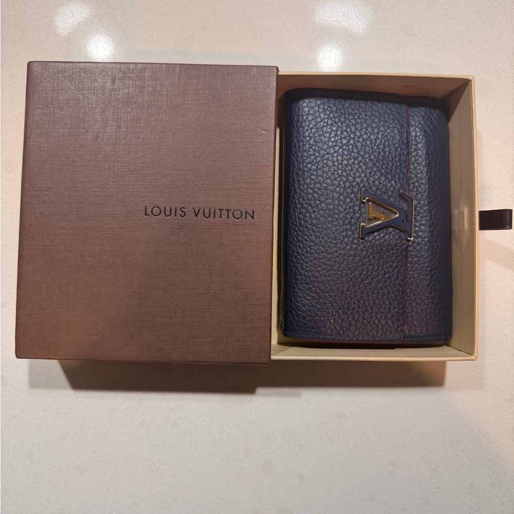 SOLD Louis Vuitton Lockme Compact Wallet Navy Blue Red Trim Gold LV Clasp + COA